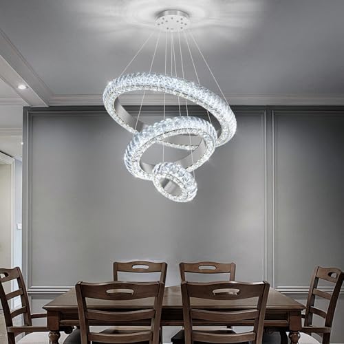 23.6" 3 Ring Crystal Chandelier Modern LED Dimmable Ring Pendant Light Round Chandelier for Dining Room Living Room Silver (Silver / 3 Ring Round 24")