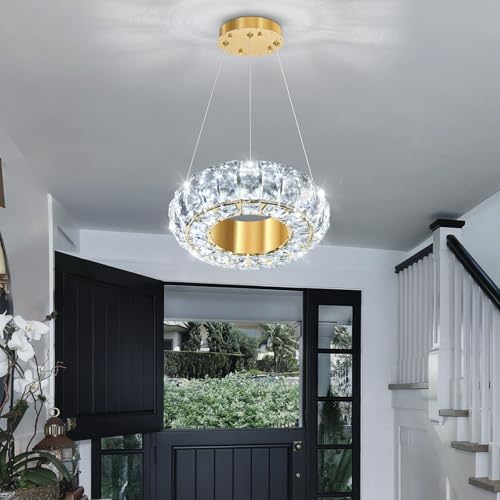 8" Ring Modern LED Dimmable Crystal Chandelier Adjustable Height Pendant Light Round Crystal Chandelier Light Fixtures for Dining Room Living Room Kitchen Island Gold (Gold / 1 Ring Round 8")