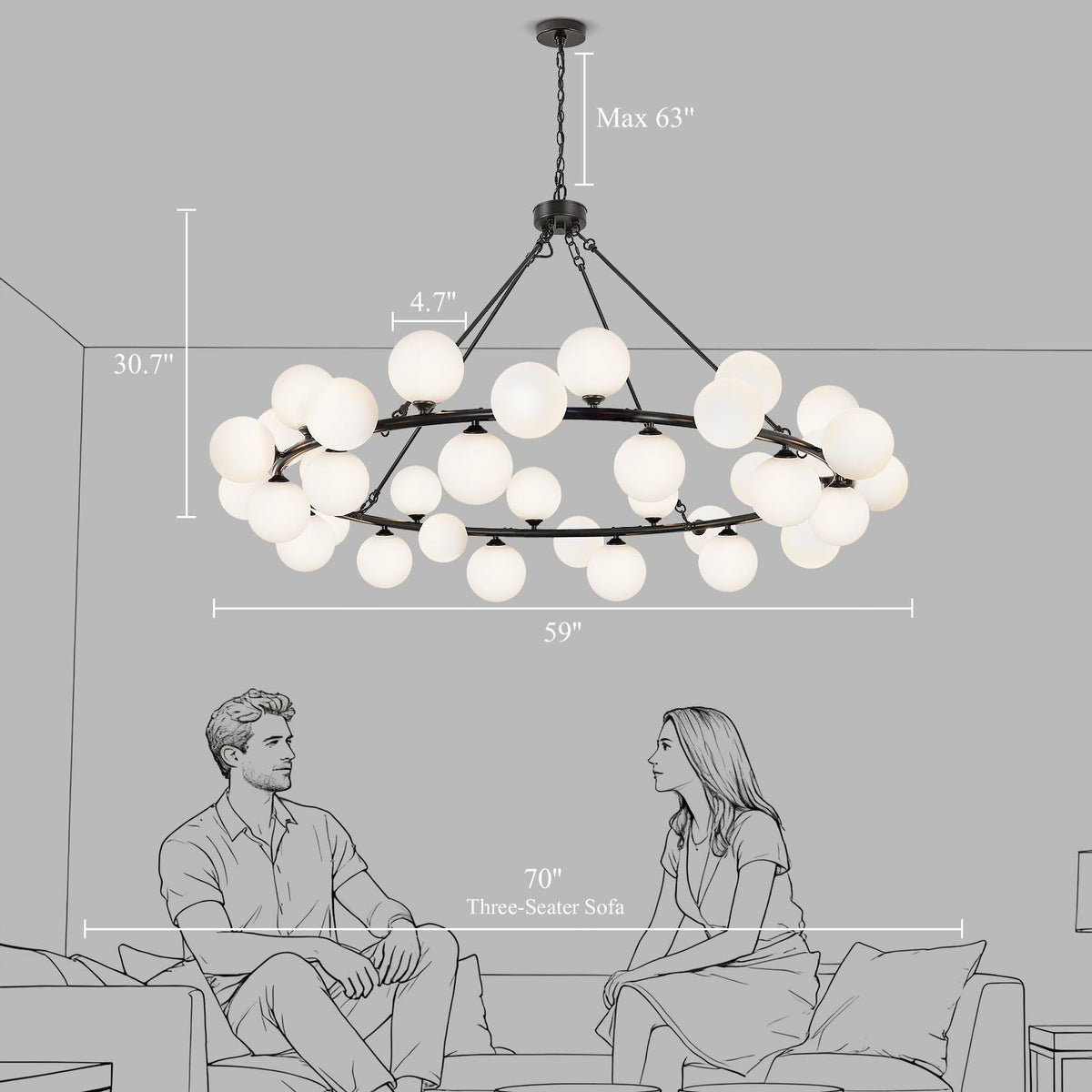 60 In Extra Large Chandelier Sputnik Dining Room Light Fixture High Ceiling (Round-White 60Inch)