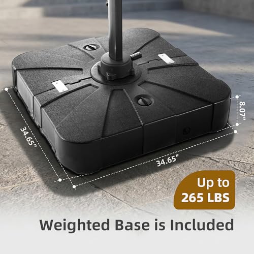10x13 FT Patio Cantilever Outdoor Umbrella with Base and LED Light (Black)