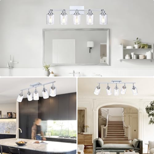 5 Light Chrome Track Light Fixture Ceiling Track Lighting Kit with Seeded Glass Track Lighting Heads Ceiling Vanity Light (Chrome / 5-Light)