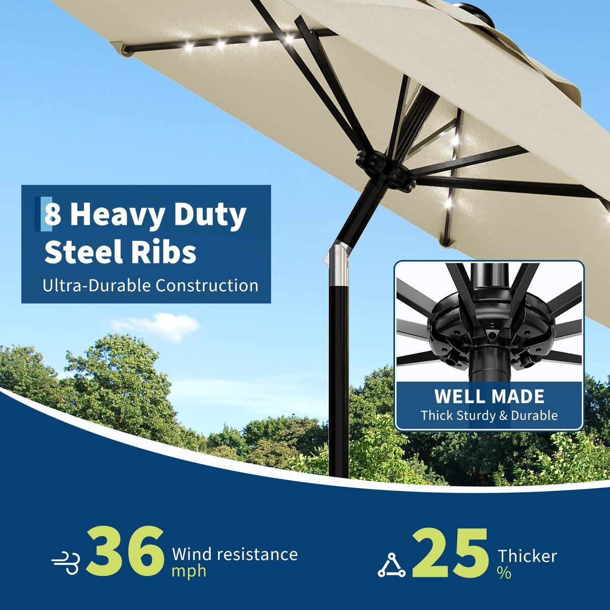 9FT Solar LED Patio Umbrella with Tilt & Crank (Beige / 9FT)