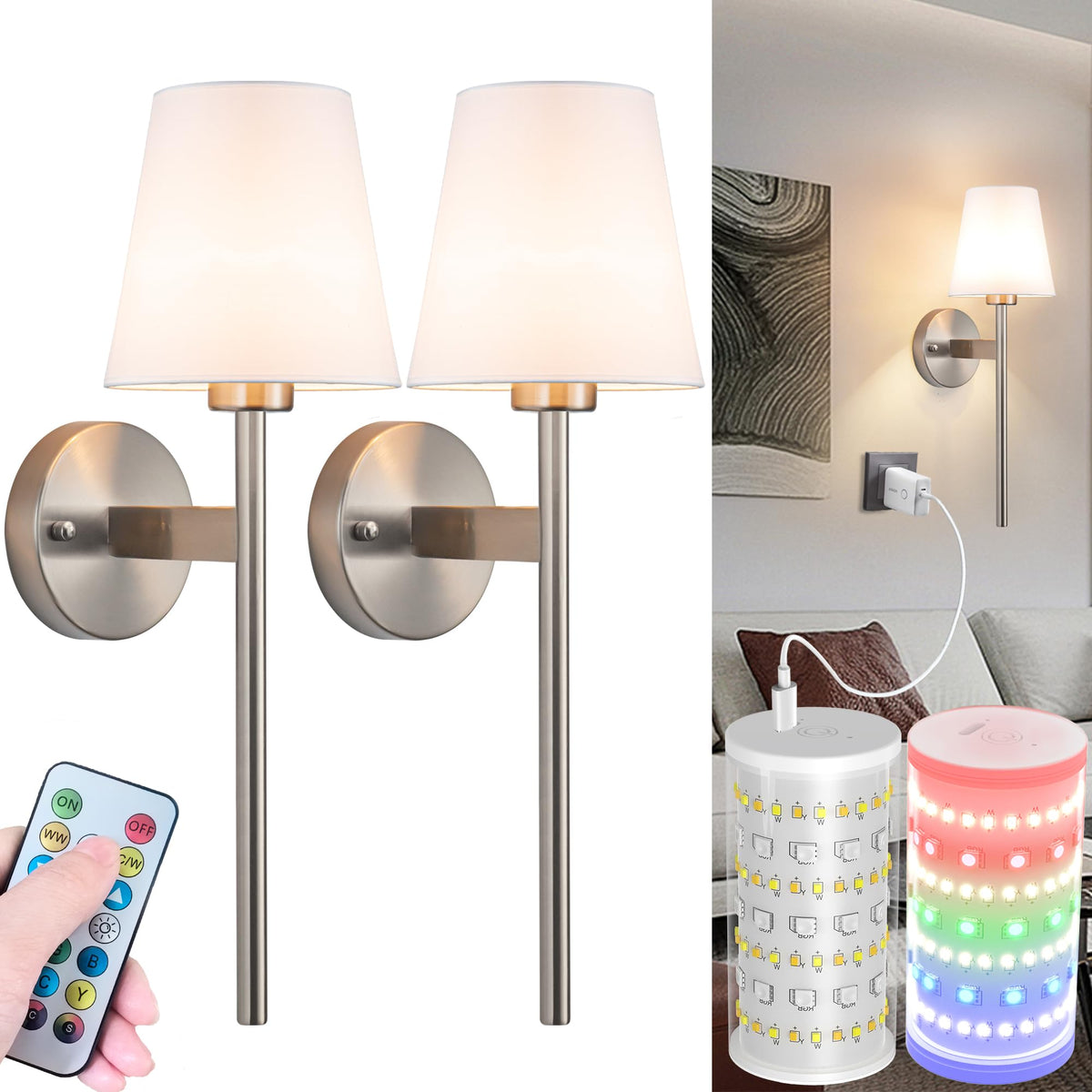 Battery Operated Wall Sconces Set Of 2 (Nickel-21 inch)