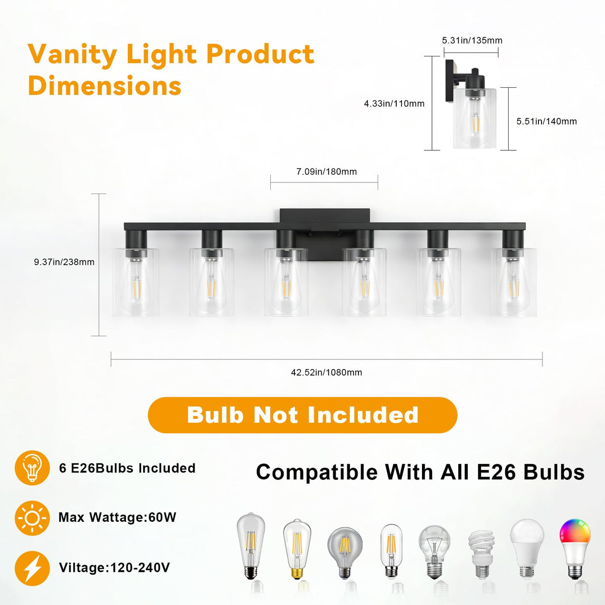6 Light Bathroom Vanity Light Black (Black / 6 light)