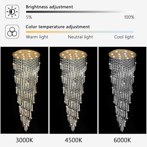 98'' Modern Crystal Chandelier High Ceiling Chandeliers for Entryway Large Raindrop Chandeliers LED Dimmable Flush Mount Light Fixtures for Staircaes Foyer Hallway Living Room LED Bulbs Included Gold (D32'' x H100'' Gold)