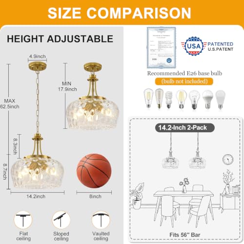 Modern Pendant Lights Kitchen Island (3-Light-Brushed Gold-Clear Hammered Glass-14.2"(Easy To Install))