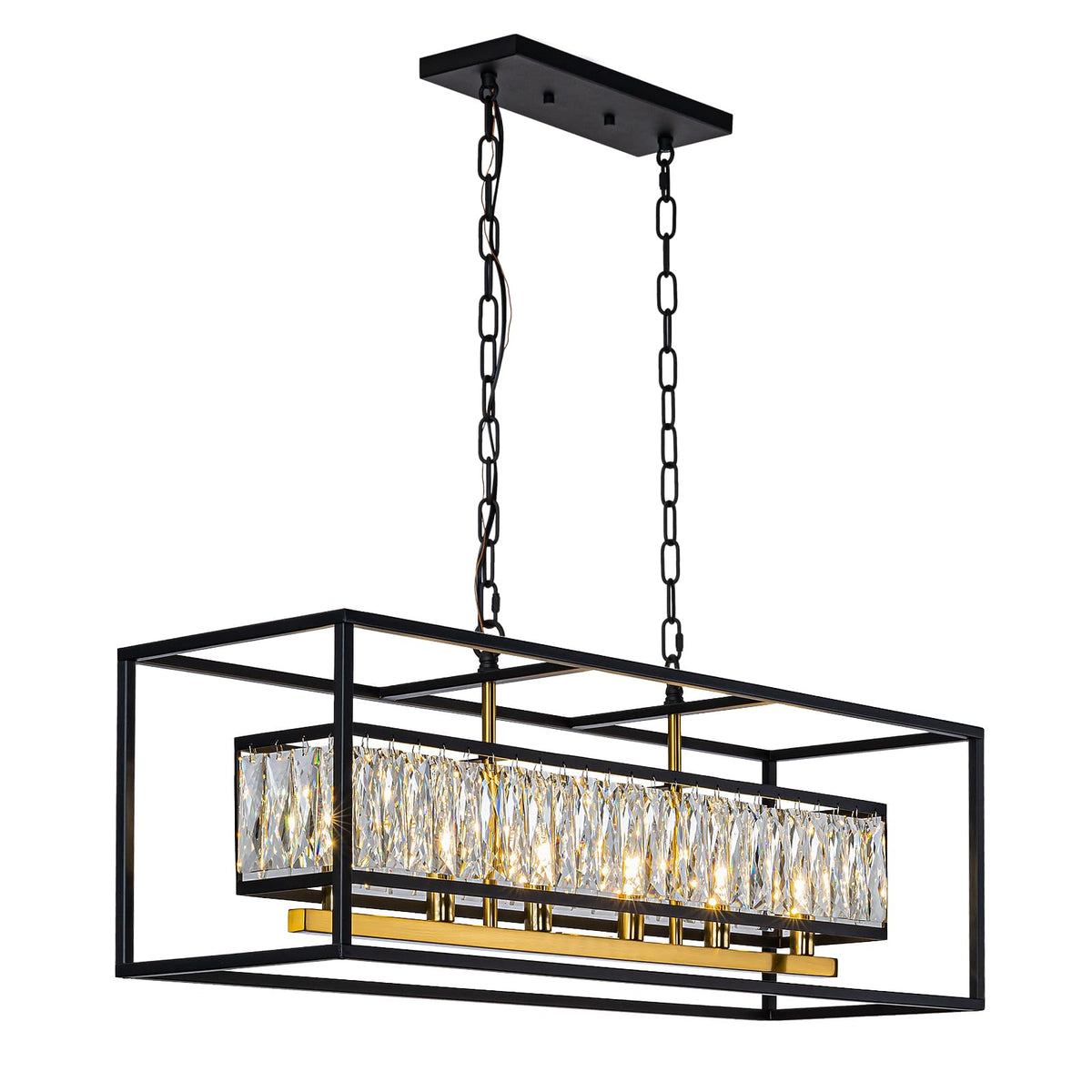 Modern Black and Gold Rectangle Crystal Chandeliers for Dining Room (Black & Satin Brass L35")