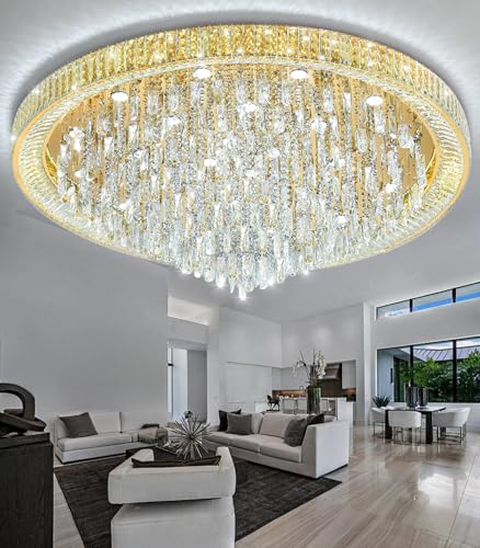 53.7" Modern Crystal Big Large Chandeliers LED Dimmable Flush Mount Ceiling Chandeliers for Living Room High Ceiling Entrance Foyer Lobby Bedroom Gold (Gold / 53.7" Width)