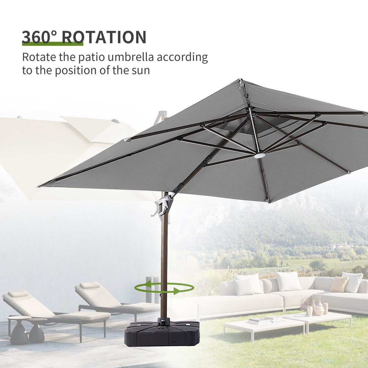 9x12 FT Cantilever Offset Patio Umbrella with Lights & Base (Grey)