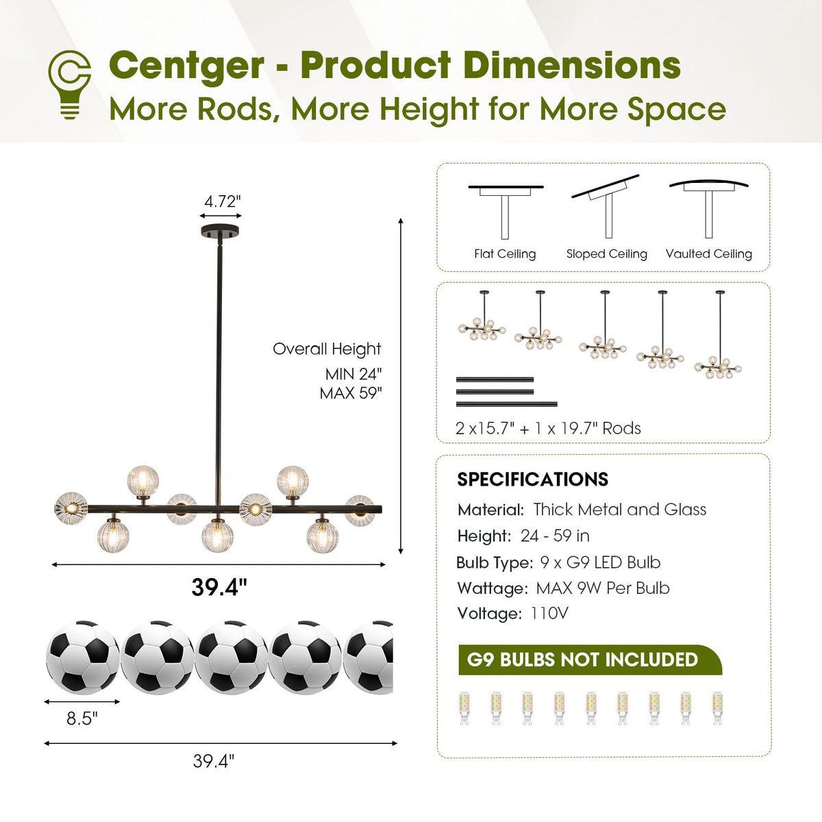 Linear Sputnik Dining Chandelier (Black + Clear / 9-Light 40 Inch)