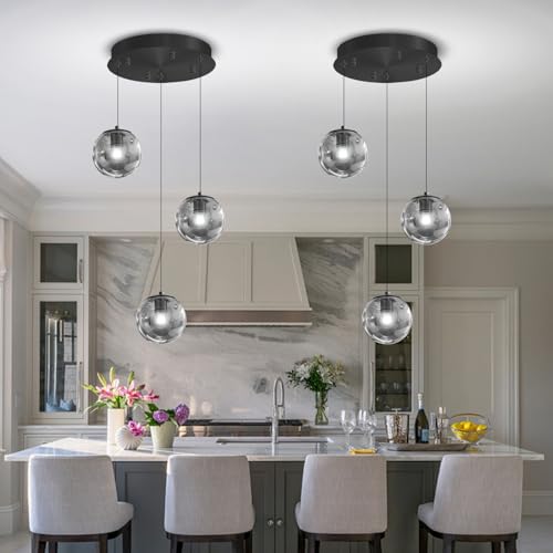 3 Light Black Pendant Light Fixtures Modern Smoke Gray Glass Globe Pendant Lights Kitchen Island Adjustable Hanging Lights Globe Stairwell Lighting Black Chandelier for Dining Room (Smoke Grey / Globe 3-Light)