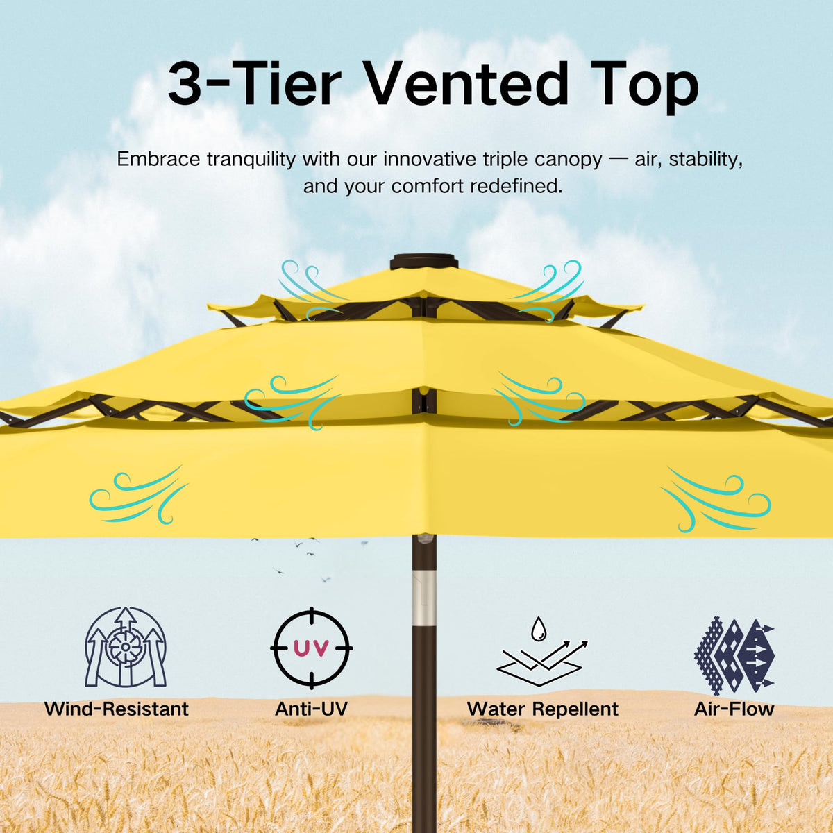 9ft 3 Tier Patio Umbrella with Solar Lights (Yellow / 9 FT)