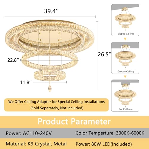 Modern Chandelier for Living Room Large Light Indoor LED Dimmable Lights High Ceiling Chandeliers for Dining Room Foyer Entryway Gold 80W LEDs Fixtures 6400 Lumens (Gold / W40")