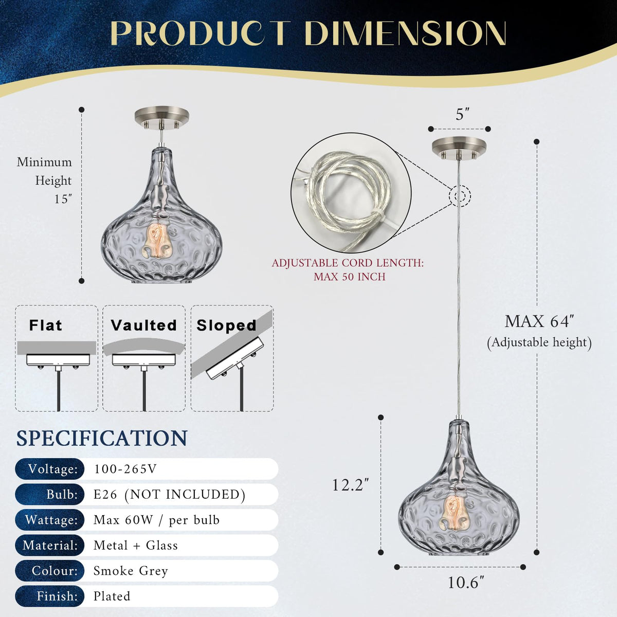 11" Smoked Hammered Glass Pendant Light (Smoked)