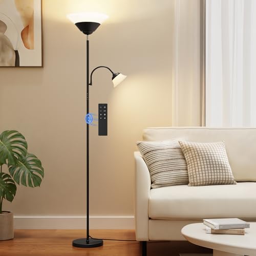 2-in-1 Torchiere Floor Lamp, 34W Super Bright LED Standing Lamp with Remote & Touch Control, 72" Dimmable Adjustable Corner Reading Lamp for Living Room, Bedroom, Office, Black (Black)