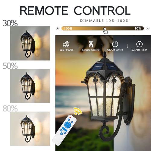 Exterior LED Solar Wall Sconce with Remote Control (Black - Water Grain Glass / 24 Inch - Solar Powered)