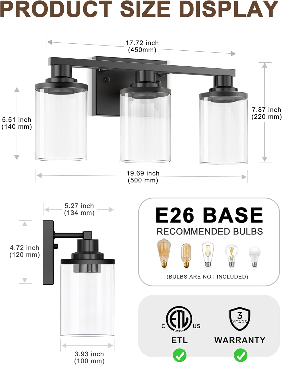 Black Vanity Light Fixture for Bathroom 3 (Black / 3-Light (20inch))