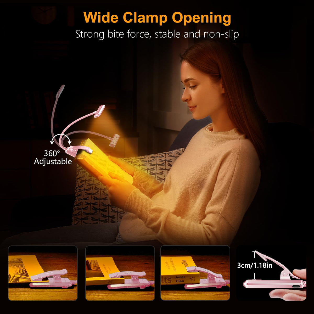 19 LED Rechargeable Book Light for Reading in Bed (Pink)