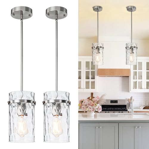 Modern Brush Nickel Hammered Glass Pendant Lights for Kitchen Dining Room (Nickel-2 Pack)