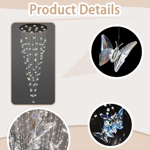 H102 High Ceiling Chandelier Modern Crystal Chandeliers Raindrop Chandelier for Staircase Foyer Entryway Living Room Dimmable 3000 (Black / Dia 32")
