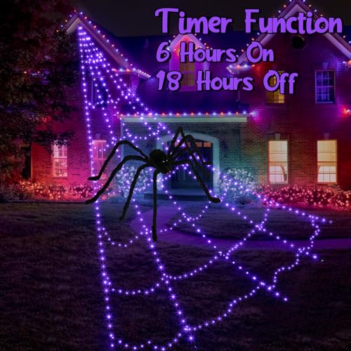Halloween Spider Web Lights Decoration 455 LED Spider Webs Halloween Decorations Outdoor with 59" Large Spider & 3.53 oz Stretch Cobweb 16.4 Ft Light Up Giant Spider Web with 8 Modes & Timer