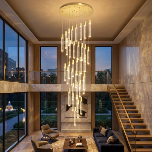 16 Foot Chandeliers for Living Room Entryway High Ceiling Light Fixtures Sloped Flush Mount Ceiling Pendant Lighting Dimmable Chandelier with Remote LED Crystal Pendants Lighting Gold Light (36 lights / Gold)