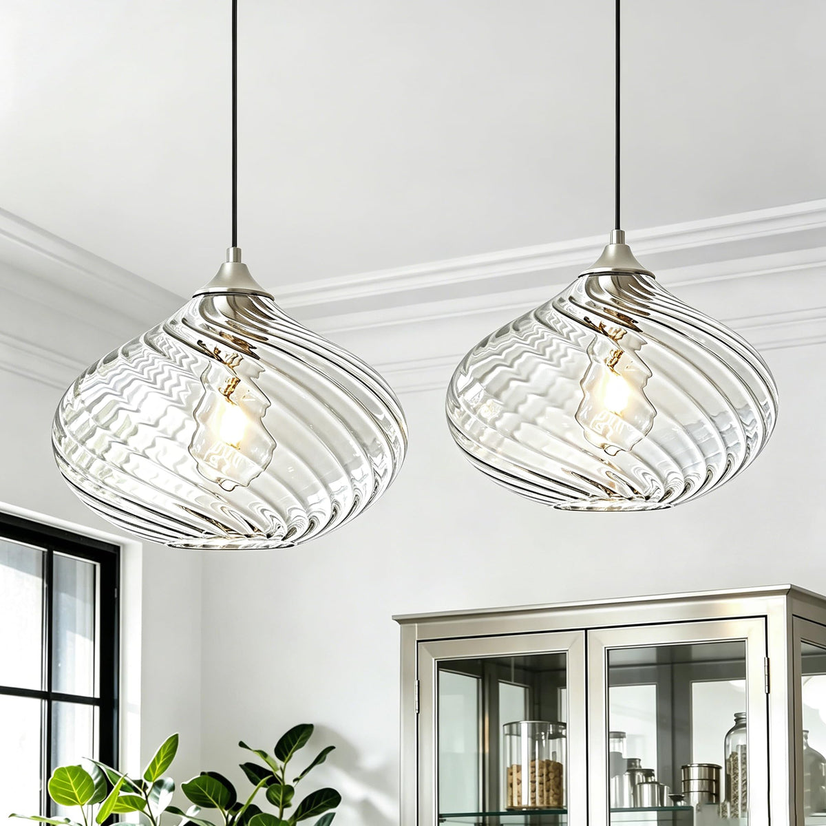 11in Nickel Pendant Lights Kitchen Island with Clear Glass Shade 2Pack (Nickel-Striped Clear Glass-2 Pack)