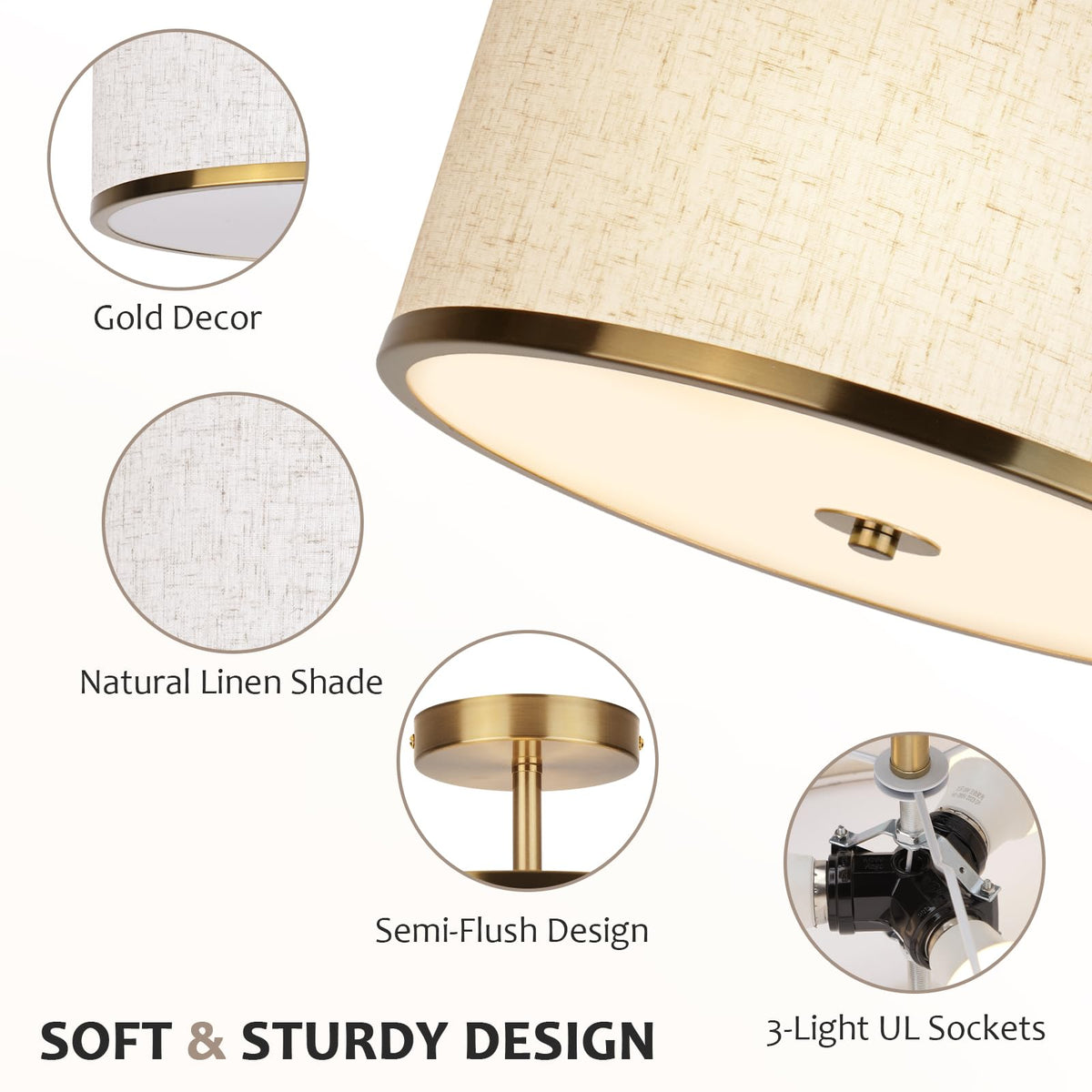 12.6 Inch Semi Flush Mount Ceiling Light (Gold Edge-Beige)