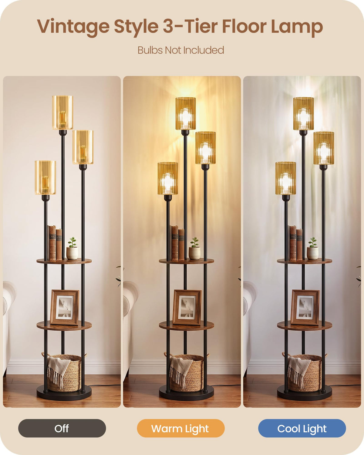 71" Floor Lamp with Shelves (Rustic Brown + Amber Glass)