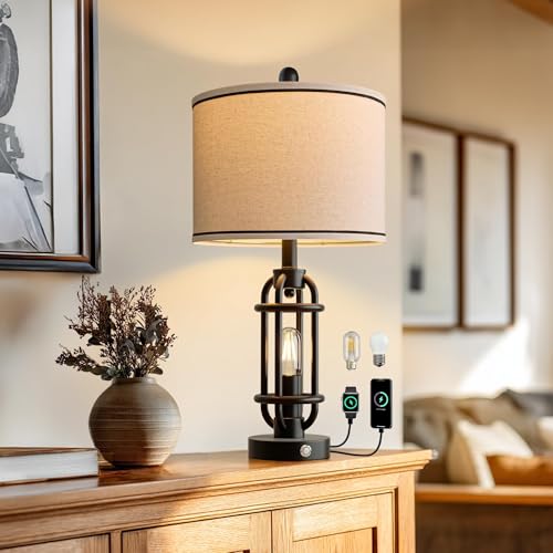 24'' Table Lamps for Living Room Bedroom Industrial Touch Lamp with USB A+C Ports (24'' Black - Single)