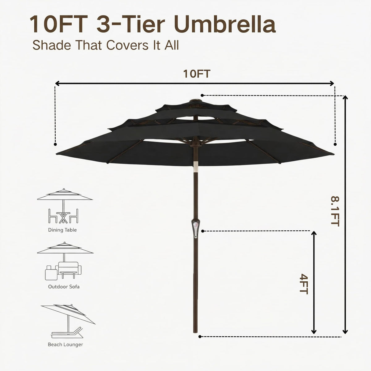 10ft 3 Tier Patio Umbrella (Black / 10 FT)