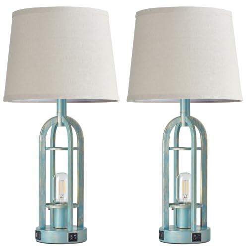24" Farmhouse Table Lamps for Living Room Bedroom Set of 2 (10.Button Switch - Blue)