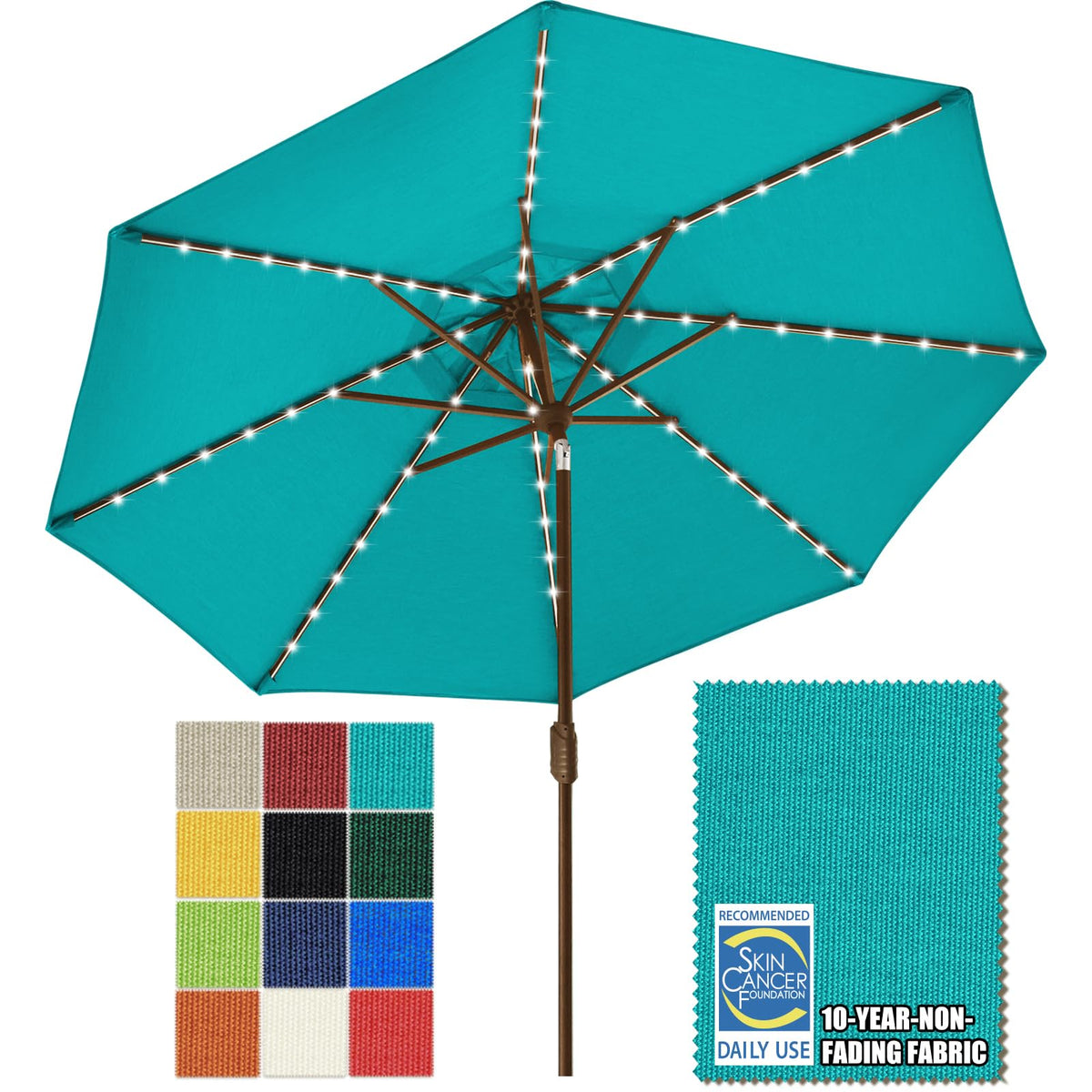 USA 10-Year-Non-Fading 9ft Market Patio Umbrella, Commercial Grade Table Sun Umbrella with 80 Solar LED Lights, Crank Open, Windproof & UPF 50+ UV Protection for Garden, Deck, Pool, Backyard, Teal (Teal / 9 FT(Single Vent Tilt))