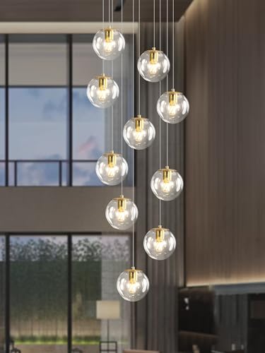 10 Light LED Staircase Modern Glass Globe Pendant Light Gold Chandeliers Large Chandeliers for High Ceilings (Gold-Clear / Globe 10-Light)