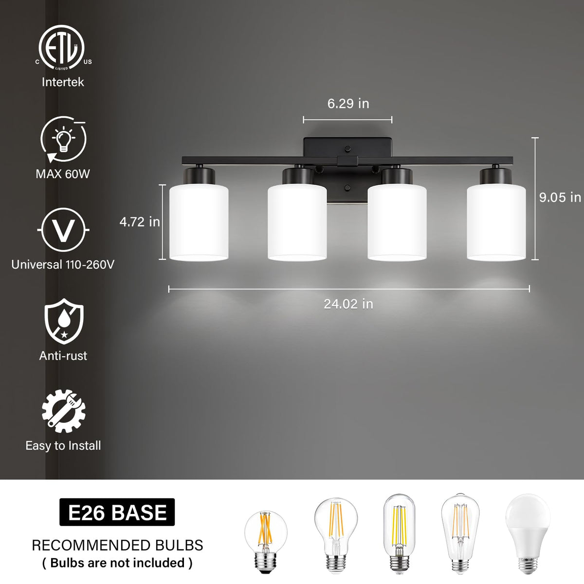 Black Bathroom Light Fixtures Vanity Lights Over Mirror (Black / 24.02 inch)