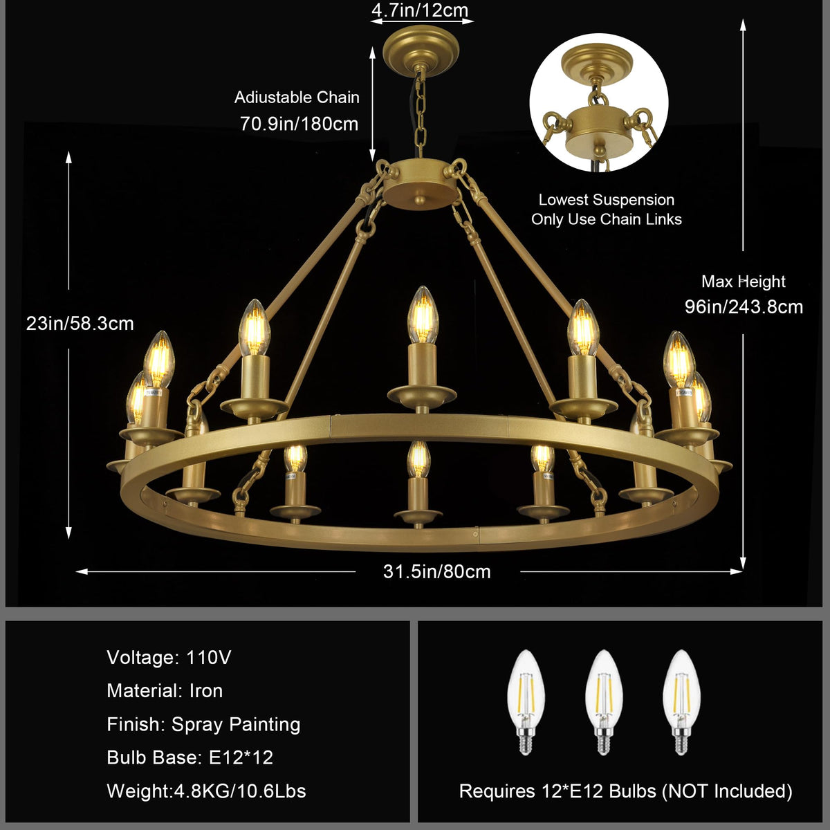 Gold Wagon Wheel Chandelier 31 Inch (C-Gold / 31"-12 Light)