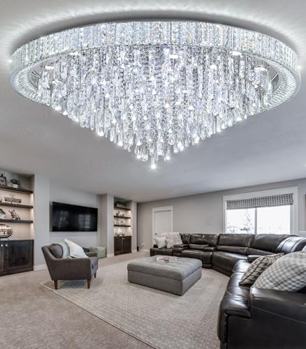 53.7" Modern Chandeliers LED Dimmable Crystal Flush Mount Ceiling Chandeliers for Living Room High Ceiling Entrance Foyer Lobby Bedroom Silver (Silver / 53.7" Width)