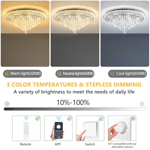 Modern LED Crystal Chandelier for Living Room Dimmable Large Ceiling Light Fixture Round Raindrop Chandeliers for Dining Room Entryway Bedroom Foyer Black (Black / W40")