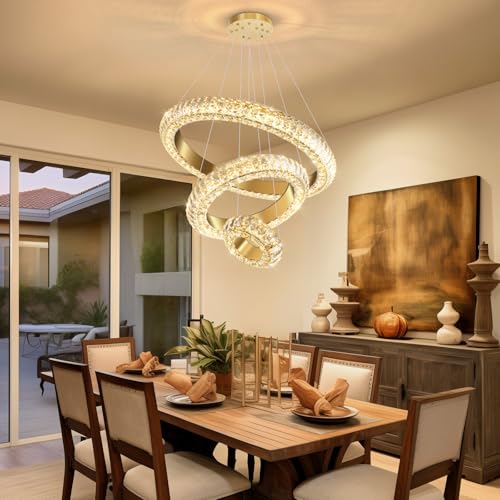 23.6" 3 Ring Crystal Chandelier Modern LED Dimmable Ring Pendant Light Round Chandelier for Dining Room Living Room Gold (Gold / 3 Ring Round 24")