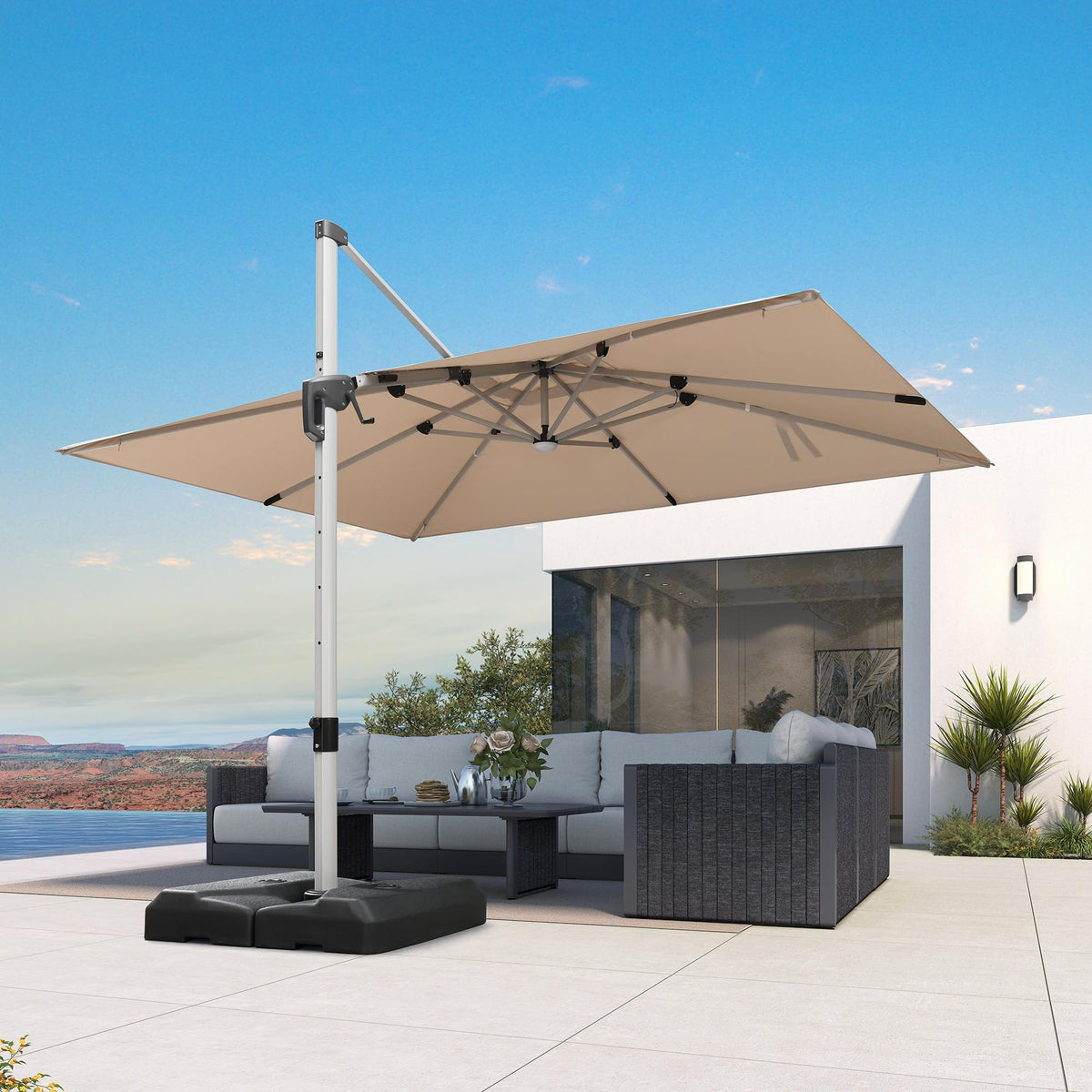 Patio Umbrella with Base Included 9' X 11.5' Solar Light (Beige / 9' X 11.5')