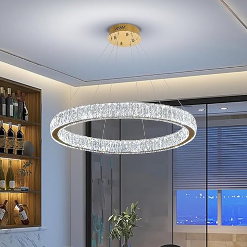 Modern LED Gold Ring Chandelier 31.5" Dimmable Adjustable Crystal Ring Pendant Light for Dining Room Living Room (Gold 1 Ring 32")