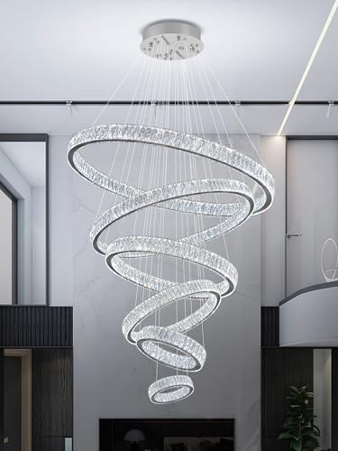 Crystal Ring Chandeliers for Living Room Foyer Hallway Staircase High Ceiling Chandeliers Long Hanging Pendant Light LED Dimmable 3000