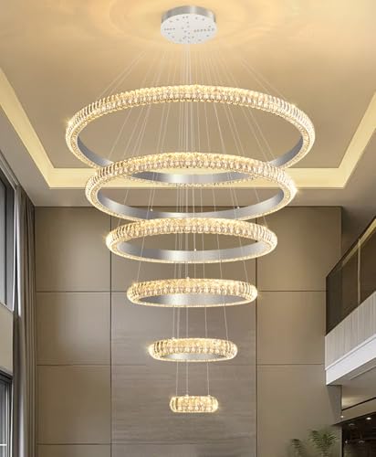47" 6 Ring Crystal Chandelier Modern LED Dimmable Ring Pendant Light Chandelier for Dining Room Living Room Silver (Silver / 6 Ring Round 47")