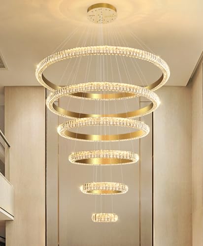 47" 6 Ring Crystal Chandelier Modern LED Dimmable Ring Pendant Light Chandelier for Dining Room Living Room Gold (Gold / 6 Ring Round 47")
