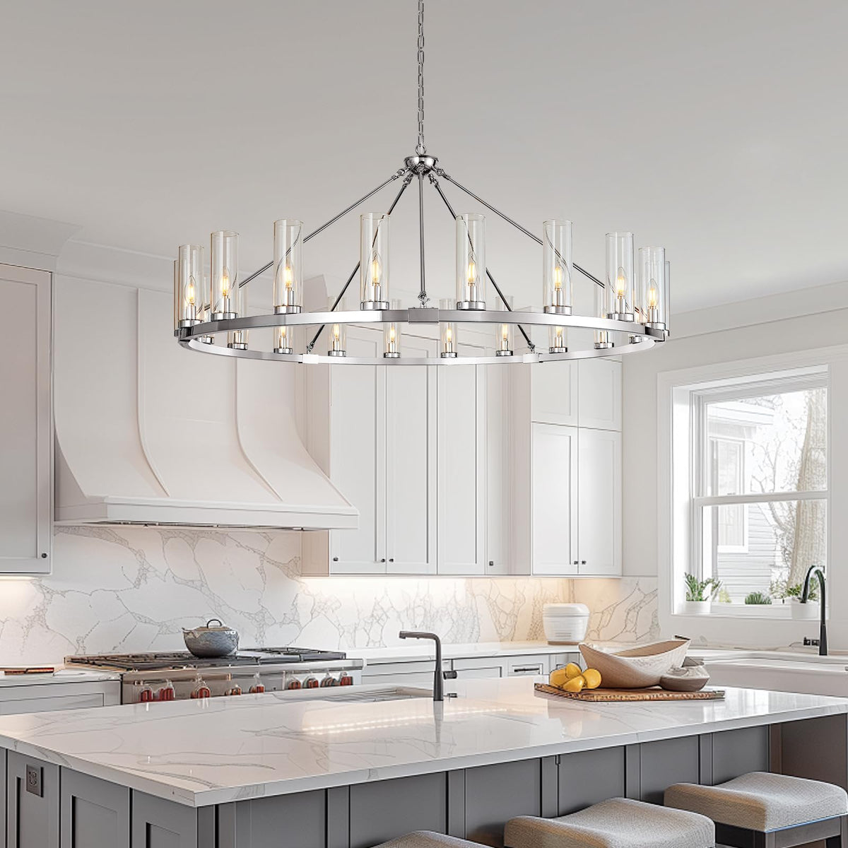 20 Light Large Wagon Wheel Chandelier with Clear Glass Shade Chrome Round Pendant Light Farmhouse Industrial Chandeliers Dining Room Light Fixture for Stair Living Room Foyer Kitchen (Chrome / 1 Tier-20 Lights)