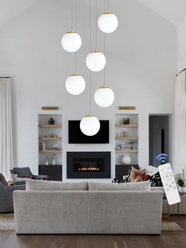 6 Light Chandelier with White Globe Glass Dimmable Ceiling Light Glass Pendant Light for Kitchen Island (Gold-White / Globe 6-Light)