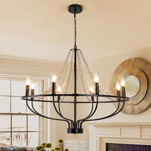 8 Light Wagon Wheel Chandelier (8 Lights/Wood Bead)