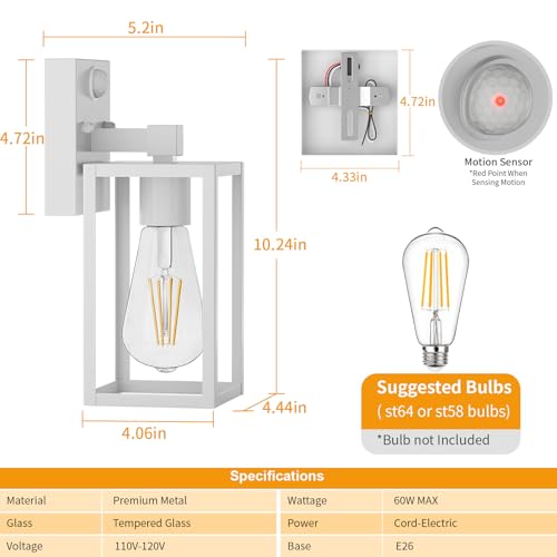 2 Pack White Motion Sensor Outdoor Light Fixtures Wall Mount (10.24'' / White)