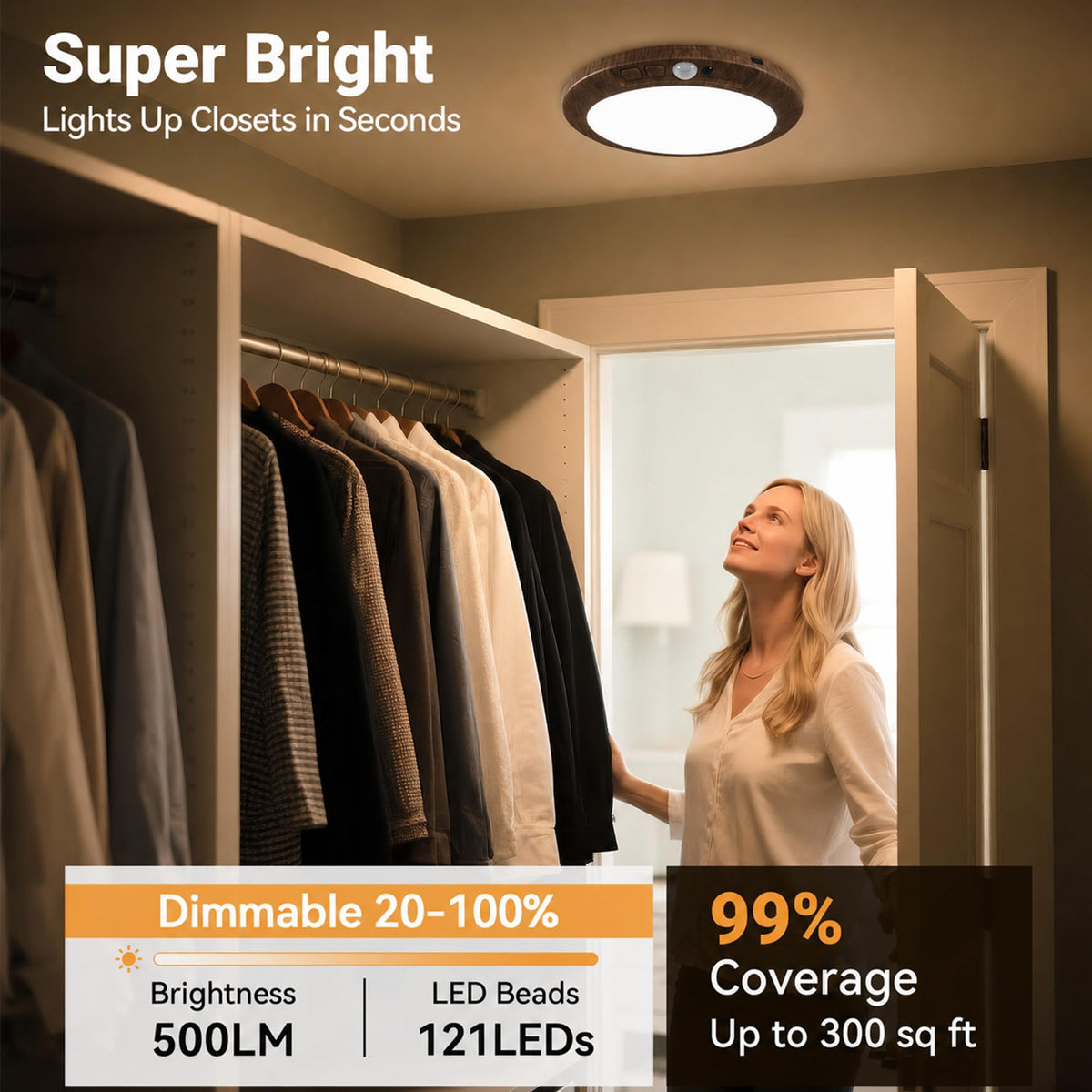 Wireless Rechargeable Ceiling Light with Remote (Dark Wood / 1 Pack)