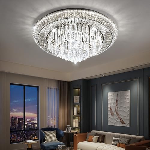 Modern Black Crystal Chandelier LED Ceiling Light Fixture Raindrop Chandeliers Dimmable Lighting for Living Room Dining Room Entryway Bedroom (Black / W32")